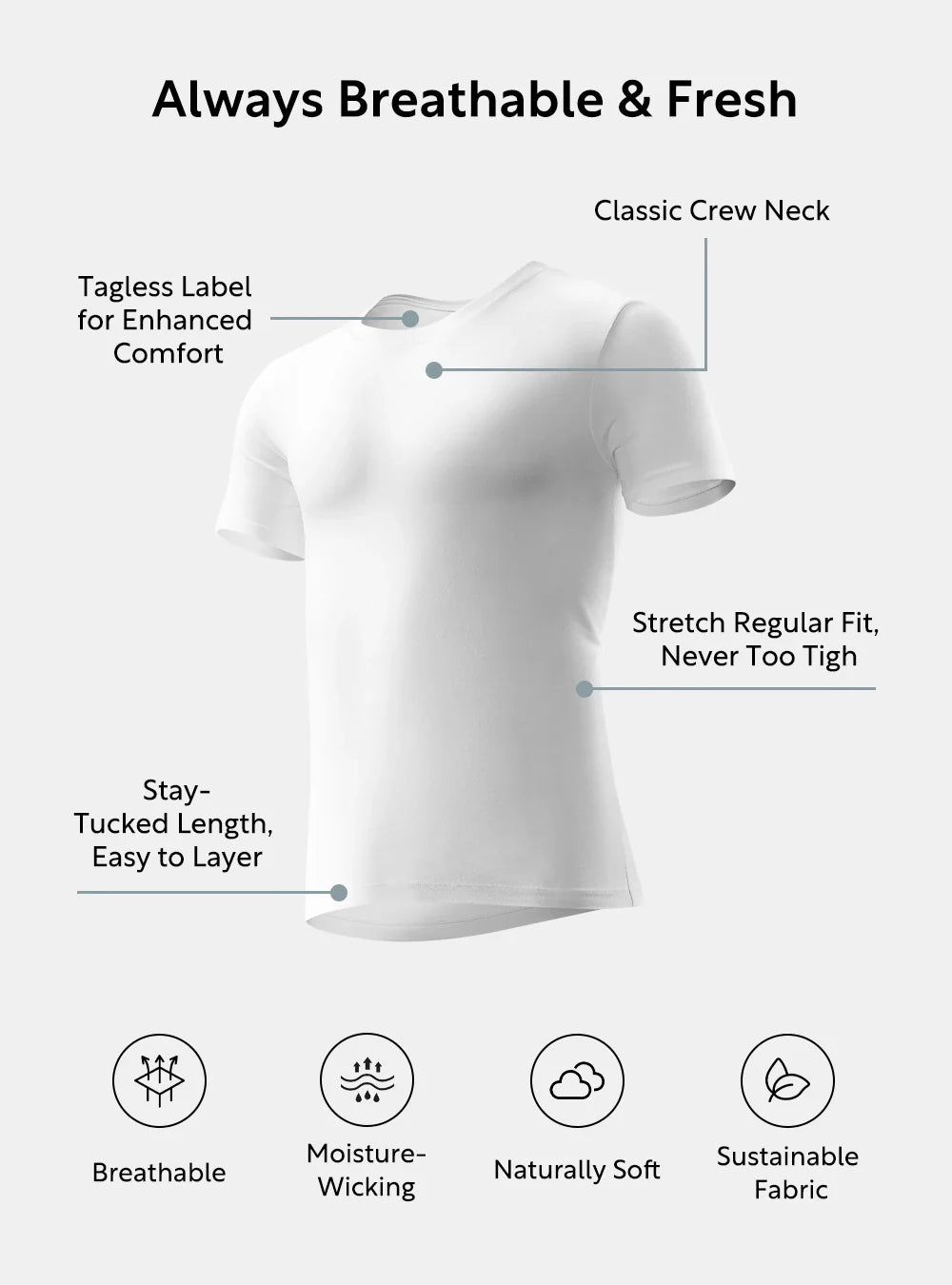 Bamboo Moisture Wicking Crew Neck Undershirts (3-Pack)